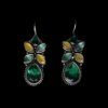 Floral drop oxidised earring green blue and yellow stone by silly owl