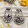 bird theme royal pearl and rani pink red stones chandelier rich look earrings oxidised silver look alike finish by silly owl