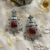 elegant temple jewellery saraswati laxmi traditional party wear cut work oxidised stud earrings with green and maroon stone by silly owl