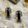 filigree cutwork oxidised silver look alike stud earrings with rectangular black stone by silly owl