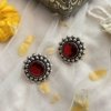 oxidised tribal round stud earring with ruby red stone by silly owl (wecompress.com)