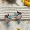 udaan topper stud bird 3 color stone oxidised silver look alike earrings with pink , blue and red stone by silly owl