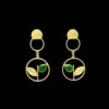 Minimalistic 2 circular hanging earring gold finish with leaves and green stone by silly owl