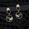 Minimalistic 2 circular hanging earring gold finish with leaves and green stone by silly owl