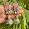 Rectangular pink stone with long Jhumka oxidised earrings by silly owl 1