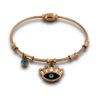 a bamboo look cuff kada bracelet with evil eye hanging chars a magnetic closure and rose gold finish by silly owl(1)