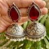 elegant drop stone jhumka oxidised earrings with red maroon stone by silly owl