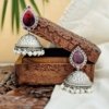 elegant drop stone jhumka oxidised earrings with red maroon stone by silly owl