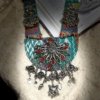 sea green with green and red stones navratri fabric neck piece with peacock by silly owl