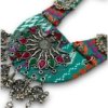 sea green with green and red stones navratri fabric neck piece with peacock by silly owl (2)