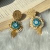 14 kt gold plated premium traditional look chandelier earrings with sea green turquoise agate crystal and natural pearls earrings by silly owl statement premium natural stone jewellery