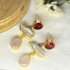 14k gold plated premium dangler earrings with circular ruby red zirconia and drop shaped pink monalisa stone and baroque mother of pearl natural stones by silly owl gold natural stone jewellery