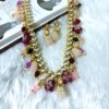 Kundan mala with earrings with silver foil kundan with meenakari tanjore painted natural stones pink and purple with a gold finish wedding vintage royal jewellery by silly owl