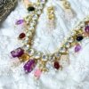 Kundan mala with earrings with silver foil kundan with meenakari tanjore painted natural stones pink and purple with a gold finish wedding vintage royal jewellery by silly owl (1)