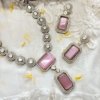 art jewellery with cubic zirconia cz and pink monalisa stones with mossanite polki with a silver polish and gold vintage look necklace set with earrings by silly owl