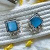 indo western trending elegant oxidised earrings by silly owl with a blue monalisa square stone and pearls 3