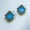 indo western trending elegant oxidised earrings by silly owl with a blue monalisa square stone and pearls 4