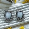 indo western trending elegant oxidised earrings by silly owl with a white monalisa square stone and pearls