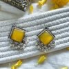 indo western trending elegant oxidised earrings by silly owl with a yellow monalisa square stone and pearls