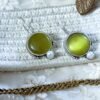 Light weight fish hook small dangler hanging earrings with a pearl and lemon green monalisa stone by silly owl jewellery