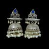 Light weight silver polish oxidised jhumka with blue stones and pearls by silly owl jewellery (2)