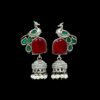 Light weight tribal oxidised jhumka with peacock motifs and red and green monalisa stones with a pearl hanging small jhumki by silly owl oxidised earring jewelry (3)