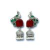 Light weight tribal oxidised jhumka with peacock motifs and red and green monalisa stones with a pearl hanging small jhumki by silly owl oxidised earring jewelry (4)