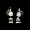 Light weight tribal oxidised jhumka with peacock motifs and red and white monalisa stones with a pearl hanging small jhumki by silly owl oxidised earring jewelry (1)